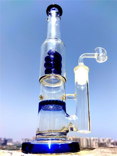 Бонг с синей трубкой, спиральная спираль, соты, Perc Glass Bong Recycler, Dab Rig, курительный кальян с держателем для льда, 14 мм, шарнирное стекло, стеклянные бонги для воды