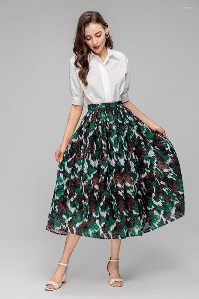 Vestidos de trabalho de alta qualidade conjunto feminino 2023 verão saia terno senhoras turn-down colarinho manga curta preto branco camisas vintage impressão longa