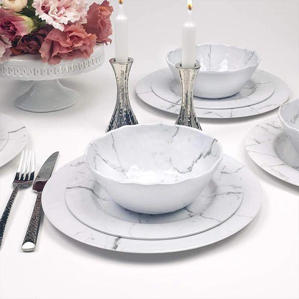 Set di posate Design moderno con texture in marmo Stoviglie in plastica Set da cena in melamina anticaduta durevole Ristorante El Uso domestico