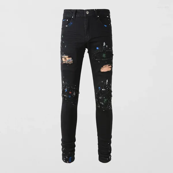 Männer Jeans Mode Streetwear Männer Schwarz Farbe Elastische Slim Fit Gemalt Designer Ripped Patched Hip Hop Marke Hosen Hombre