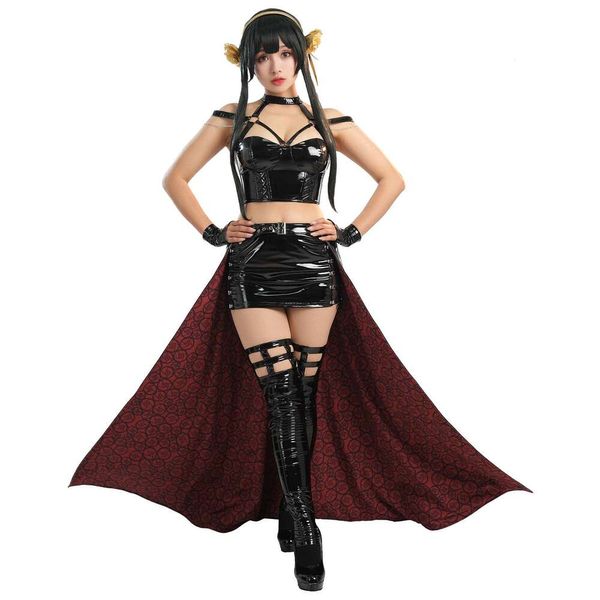 Mobbunny Damen-Pu-Leder-Outfit, sexy Neckholder-Korsett-Top und Rock-Set mit Strümpfen, Cosplay-Kostüm