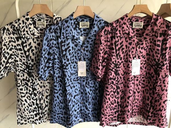 Homens camisetas 23ss fasion wacko maria leopardo impressão casal camisa fina verão oversize homens mulheres streetwear botões top techwear