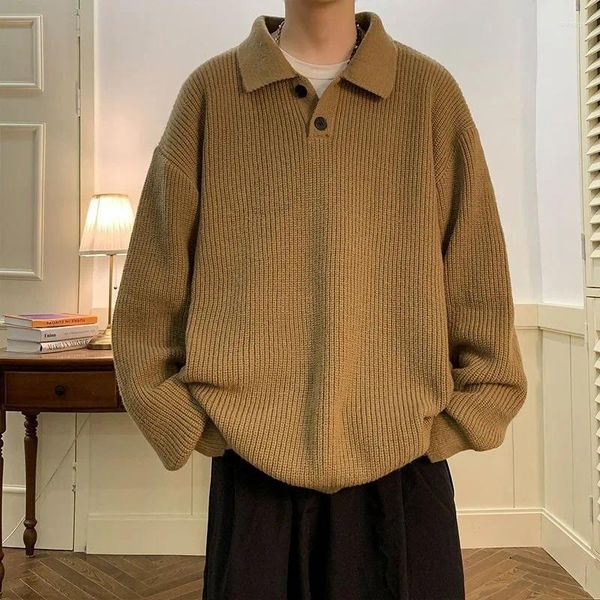 Suéter masculino harajuku polo pescoço suéter oversized 2023 outono inverno americano vintage estilo preppy café de malha