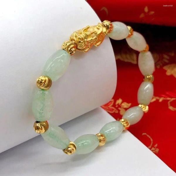 Strand Golden Pixiu Charm Oval Yeşim Kadınlar İçin Boncuklu Bilezik Erkek Şanslı Takı Moda Çift Bilezikler Parti Arkadaşları Hediyeler