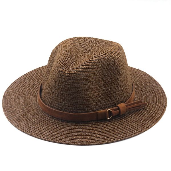 Chapéus largos chapéus chapéus qbhat jazz chapéu de palha feminino partido bap bap ao ar livre praia proteção solar lastros de sol grande chapéus fedora com cinturão marrom l xl 230420