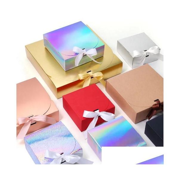 Presente Envoltório Laser Ouro e Sier Kraft Caixa Preto Branco Embalagem Caixa de Presente Casamento Bow Fita Favores Drop Delivery Home Jardim Festivo DHLDB