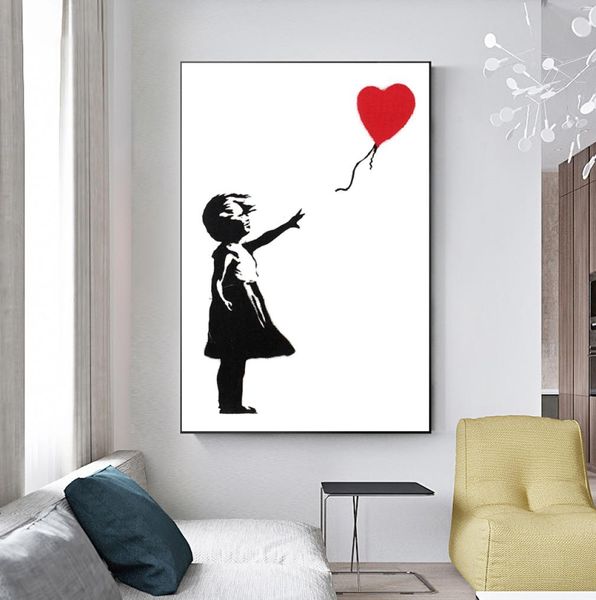 Menina com balão vermelho Banksy Graffiti Art Canvas Pintura Preto e Branco Wall Art Poster para sala de estar Decoração de casa Cuadros8708159