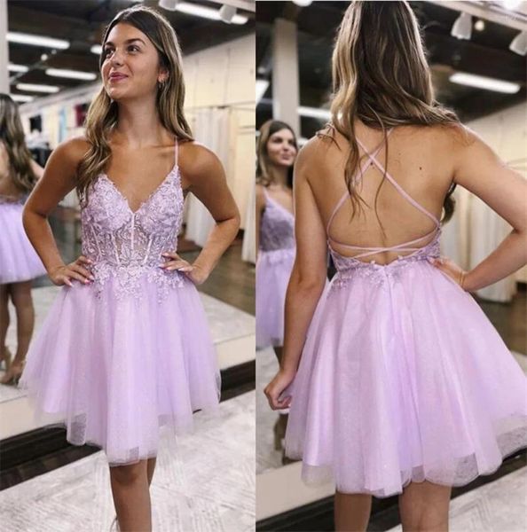 Abiti da festa Dolce viola chiaro Ritorno a casa Applique in pizzo Criss Cross Ragazza senza schienale Abiti da ballo corti Lunghezza mini Abito midi maxi