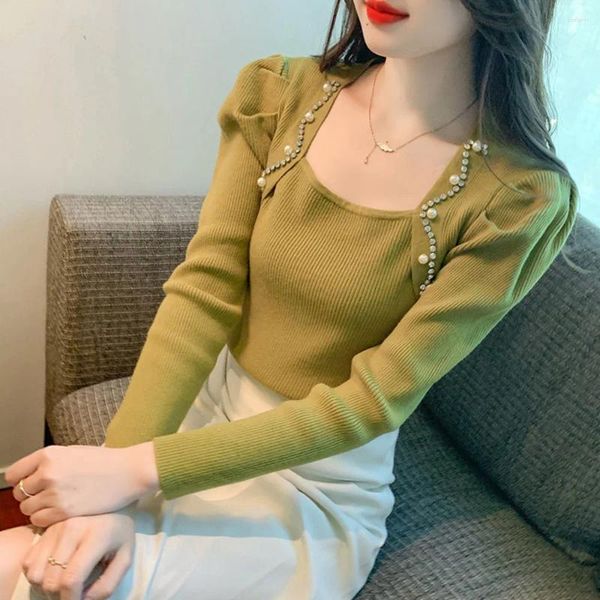 Damenpullover Koreanischer Pullover mit quadratischem Kragen Frauen Sexy schlanke Pullover Strickoberteile Eleganter Pullover Weißer Jersey Malhas Diamond Pearl Swetry