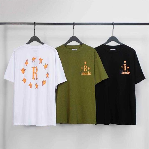 Tasarımcı Moda Giyim Tees Hip hop Tişörtleri Rhude New Flame r Harf Çift Yaz Yuvarlak Yaka Kısa Kollu T-shirt Streetwear Gevşek Spor Giyim Gevşek Streetwear