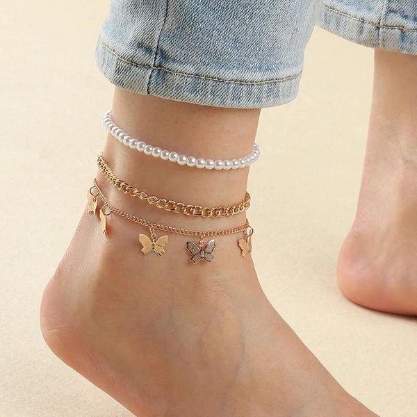 Ножные браслеты, винтажная цепочка в стиле хип-хоп, украшение для ног с жемчугом, простая подвеска-бабочка в стиле панк, ювелирные изделия для пляжной вечеринки