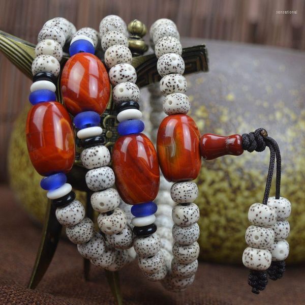 Strang SNQPNNatural Bodhi Seed Buddha Beads Handstring für Männerliteratur und Spiel Star Moon 108 Neck Hanging Horn Holes High