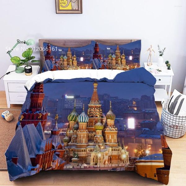 Set di biancheria da letto Vicolo di Mosca Pos Set Stampa 3D Bellissimo paesaggio Copripiumino Città Castello Trapunta da letto per camera da letto Copriletto Decor