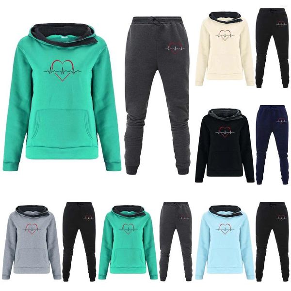 Calças femininas de duas peças conjuntos de calças para mulheres 2 peças outono inverno velo amor impressão casual esporte hoodie conjunto vestidos casamento convidado