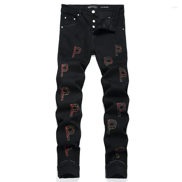 Jeans da uomo Nastro ricamato colorato con lettere nere Elasticizzato a vita media Moda Autunno Casual Abbigliamento hip-hop