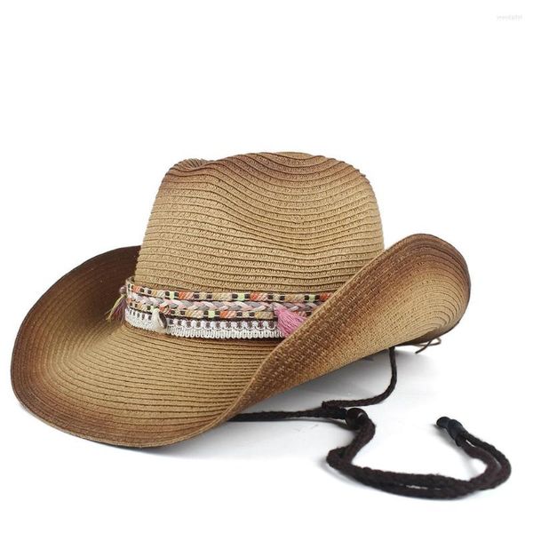 Chapéus largos da moda feminino Hold de cowboy ocidental Lady Summer Straw Tassel Sombro Hombre Beach Cowgirl Jazz Sun