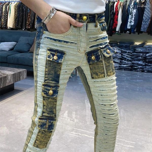 Jeans masculinos high street moda lavado vintage qualidade hip hop vaqueros hombre zíper usado mendigo calças bootcut para homens