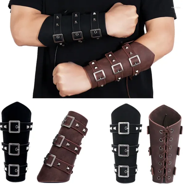 Luvas sem dedos unissex manopla de couro larga braçadeira braço armadura pulseira protetor manguito corda steampunk pulseira fivela braçadeiras cosplay prop
