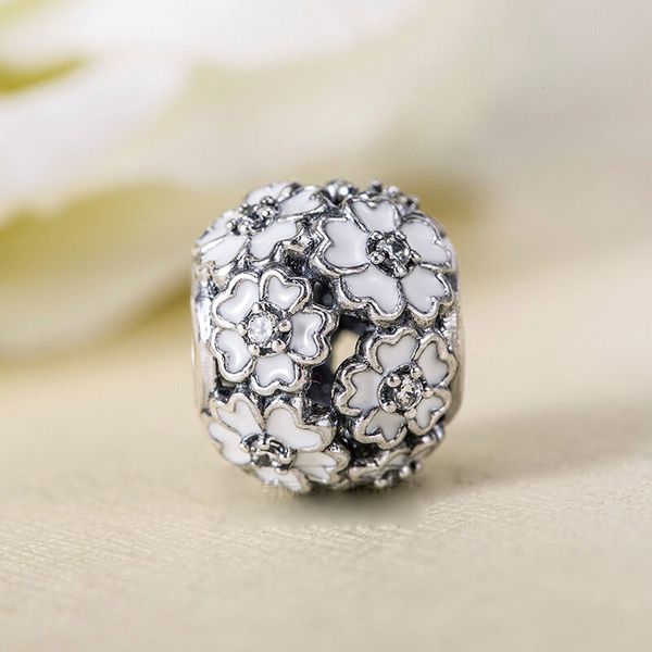 Prato di primula bianca in argento sterling 925 con perline CZ trasparenti per braccialetti con ciondoli stile Pandora gioielli europei