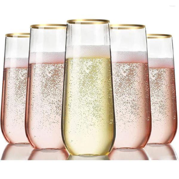 Copos descartáveis palhas 4 pcs tipo flauta copo de champanhe de plástico 9oz bebida com borda de ouro bordada cocktail vidro casamento