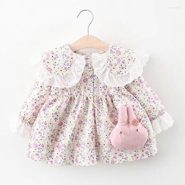 Abiti da bambina Abiti primaverili per bambine Completi floreali per bambini Vestiti in cotone con borsa Manica lunga per bambini Rosa Viola