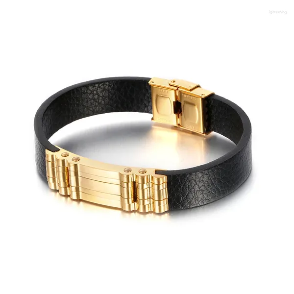 Bracciale moda uomo in pelle largo color oro nastro in titanio fibbia cinturino orologio braccialetto nero gioielli