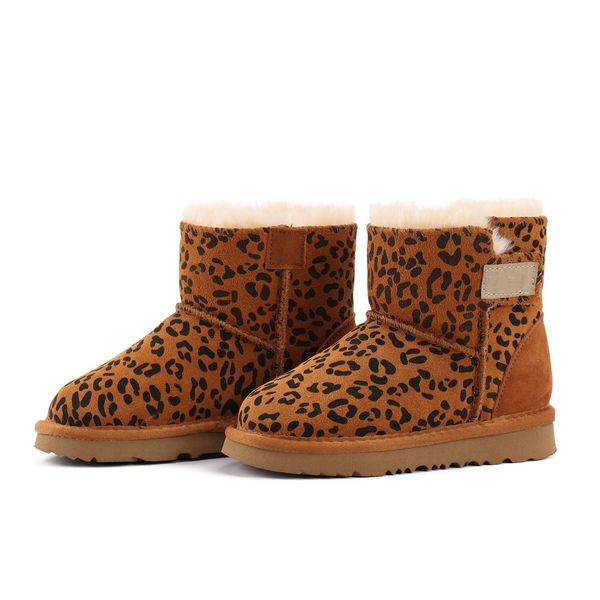 Designer crianças lã botas de neve luxo crianças leopardo impresso couro fosco bota curta ins inverno crianças engrossar quente antiderrapante tornozelo botas s0773