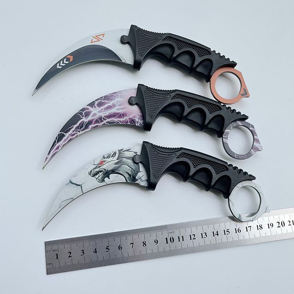 Bedrucktes CSGO Karambit-Messer mit Scheide, gebogene Klinge, Jagd-Überlebensmesser, Camping, Outdoor-Werkzeug, taktisches EDC