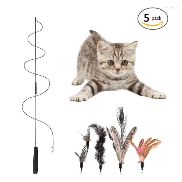 Cat Toys Multi Feather Teaser Toy Pet Toy com 5 cabeças de substituição Funny Stick com um Bell Cats Flying Training