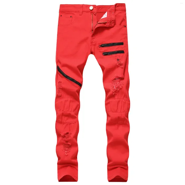 Jeans masculinos primavera trendyol homens buraco denim calças moda rasgado vermelho hip hop vintage homem magro zip up casual jean homme