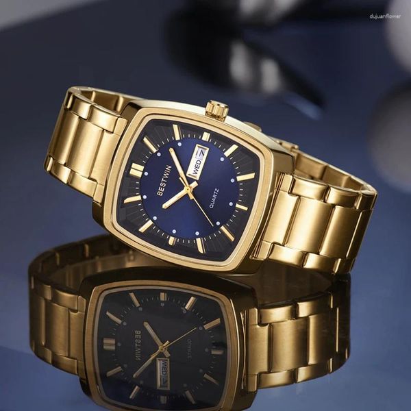 Relógios de pulso de luxo homens relógio clássico azul verde dial masculino quartzo relógio de pulso ouro preto sliver calendário masculino reloj homem de aço inoxidável