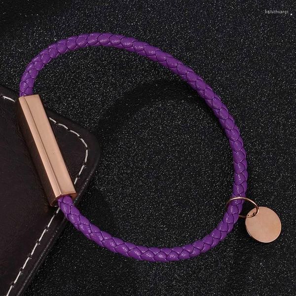 Braccialetti con ciondoli Stile semplice Uomo Donna Pelle Viola Fibbia in acciaio inossidabile Amanti Accessori Gioielli fatti a mano Regali SP0701