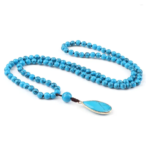 Collane con ciondolo 6mm Pietra di pino blu 108 Mala Elastico in rilievo naturale per uomo Donna Fascino Yoga Paryer Gioielli Regali