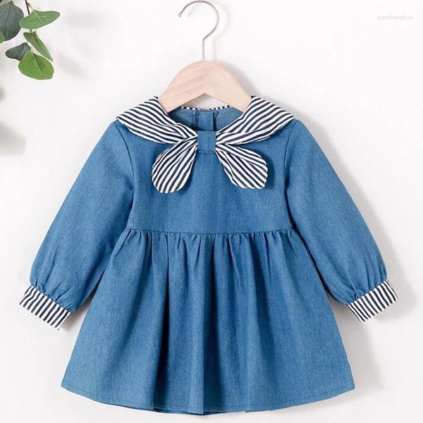 Mädchen Kleider Denim Kleid Herbst Version Navy Wind Gestreiften Kragen Langarm Kinder Kleidung 5 P/l