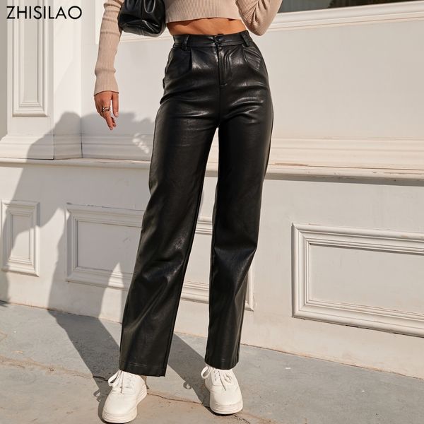 Женские штаны S Zhisilao Faux Leather Elastic Taist Cargo Pant Streetwear винтажные черные прямые брюки Mujer Spring 230419