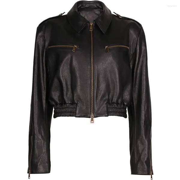 Giacca da donna in pelle YOLOAgain 2023 autunno vera giacca corta da donna nera vintage bomber da donna