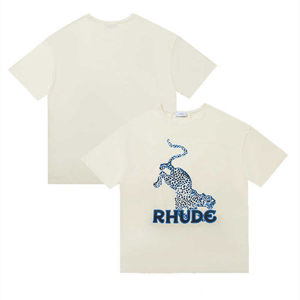 Roupas de moda de grife Tees Hip hop TShirts Rhude 22ss Summer New Spotted Leopard Letter Print Rua Tendência Vintage Marca T-shirt de manga curta Solta Streetwear