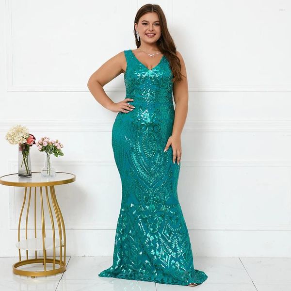 Partykleider Plus Size Sexy V-Ausschnitt Stretchkleid Grün Pailletten Abend Elegant ärmellos Maxi Langer Abschlussball