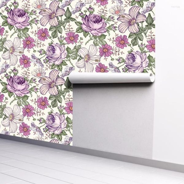 Tapeten Blühende lila Blumentapete, mehrfarbige Blumentapete zum Abziehen und Aufkleben, entfernbares, selbstklebendes Wandbild