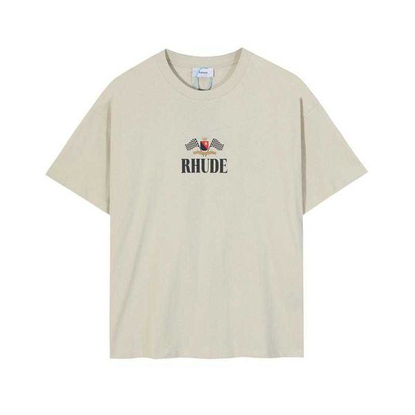 Roupas da moda de grife camisetas Hip hop camisetas Rhude bandeira quadriculada impressão de letras americano grupo pequeno masculino feminino solto camiseta de gola redonda solta streetwear