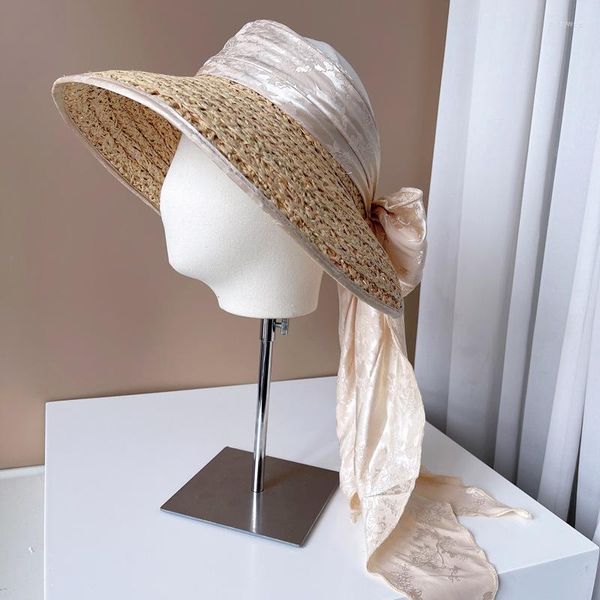 Cappellini con sfera 202302-2508363 Chic Japan Summer Hand scava fuori erba di rafia naturale senza fiocco in raso Cappello da baseball da donna Visiera da donna