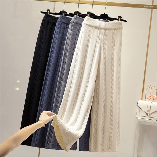 Calça feminina outono e inverno pantalon femme hiver linen padrão de tricotes de perna larga as calças de lã feminina