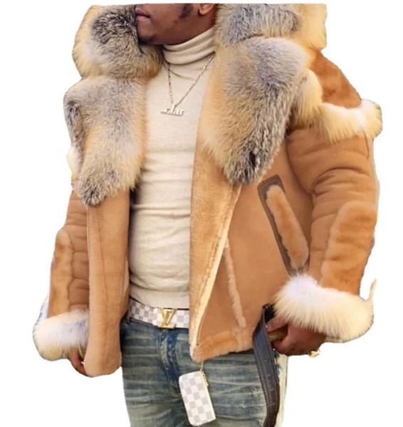 Cappotto caldo ispessito invernale in finta pelle da uomo imitazione velluto e pelliccia collo grande in lana manica lunga 231120