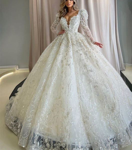 Роскошные бальные платья свадебные платья с длинными рукавами v Sece Seercins Applique кружевные оборки свадебные платья алмазы