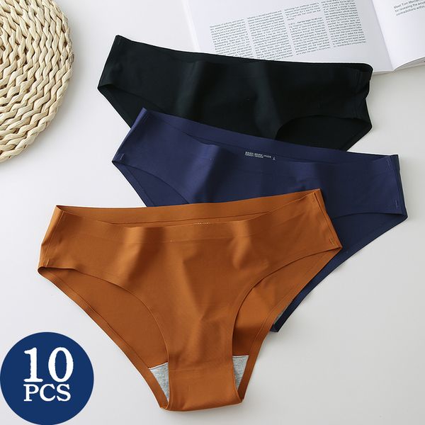 Bragas de mujer 10PCS / Set Bragas de mujer Ropa interior sólida sin costuras Tallas grandes Paquete de 10 Calzoncillos Lencería de satén de seda Calzoncillos Tangas 10 piezas XXXL 230420