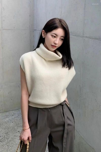 Женские свитера, Южная Корея, шикарный осенний темперамент, полноценный свободный повседневный вязаный жилет без рукавов с высоким воротом, женский свитер