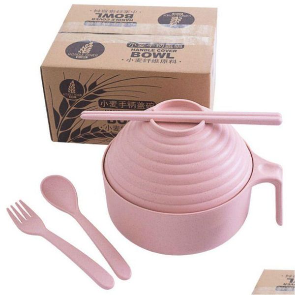 Set di stoviglie Set di stoviglie per la casa riutilizzabili portatili Set di stoviglie per bambini di grano St Adt Cucchiaio Forchetta Tazza Insalata Zuppa Ciotola Piatto Set di stoviglie da cucina Dh3Yd