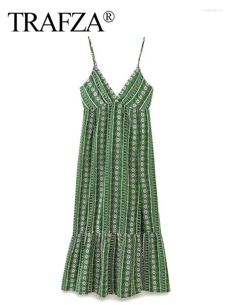 Lässige Kleider TRAFZA Frauen mit grüner Boho-Stickerei ärmelloses Kleid Vintage rückenfreie dünne Träger schicke weibliche Vestidos Robe