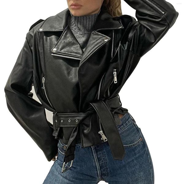 Giacche da donna Nero Blu Ecopelle Retro Motociclista Risvolto Zip Up Pu Crop Cappotti Capispalla vintage con cintura a vita