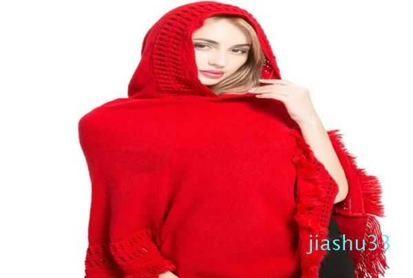 Poncho de inverno para mulheres, cor sólida, malha de caxemira, capa com capuz, moda borla, xale, capa feminina, ponchos e capas, manter aquecido